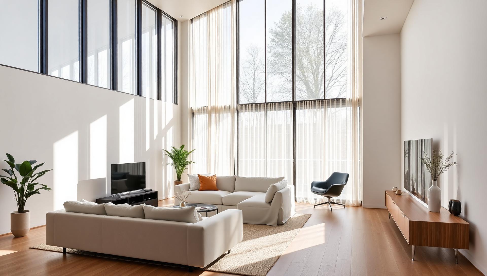 Sala de una casa inteligente con iluminación y cortinas automatizadas al atardecer