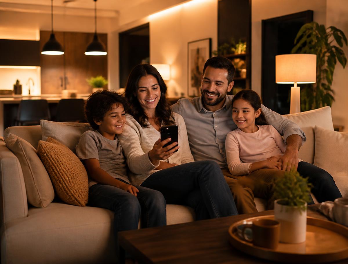 Familia disfrutando la sala de su casa mientras controla la iluminación desde el celular