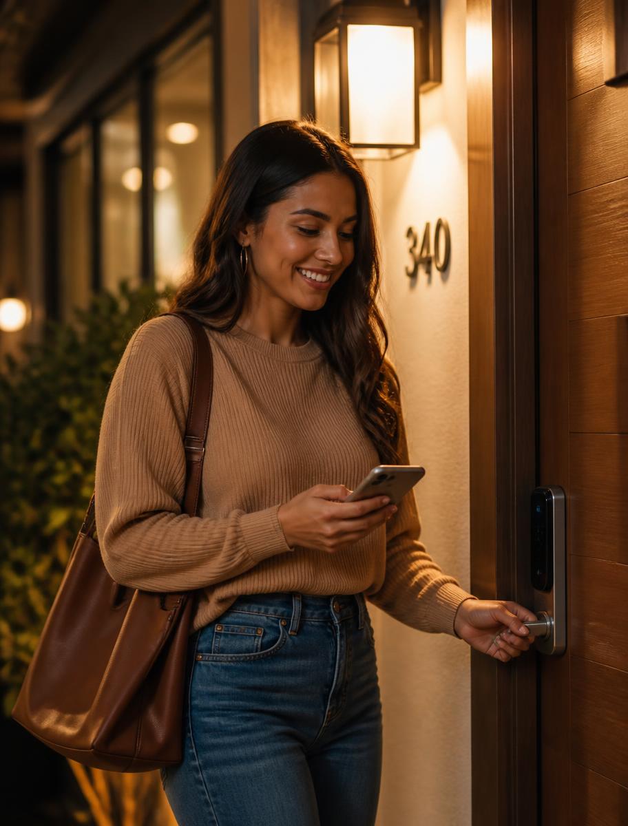Mujer llegando a casa y abriendo la puerta con cerradura inteligente