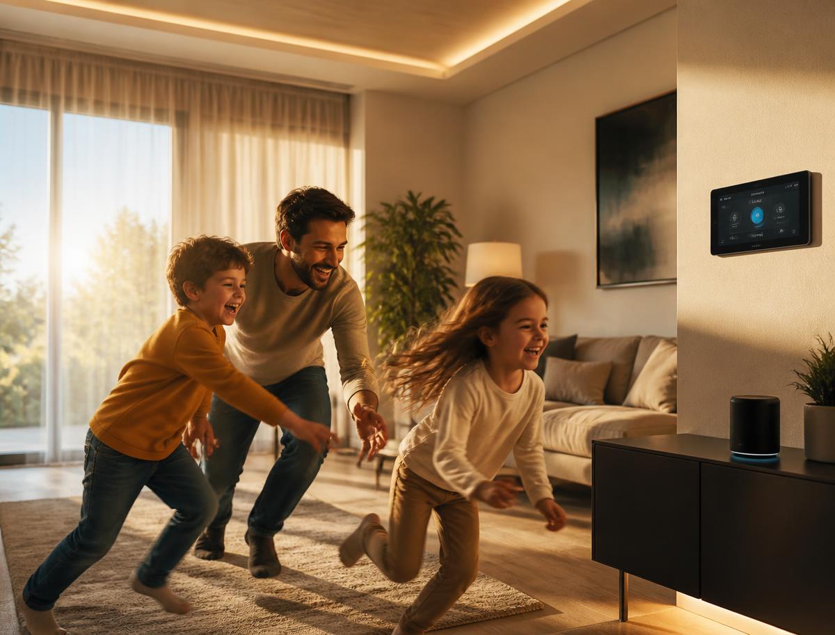 Padre e hijos jugando en la sala mientras las cortinas se abren automáticamente