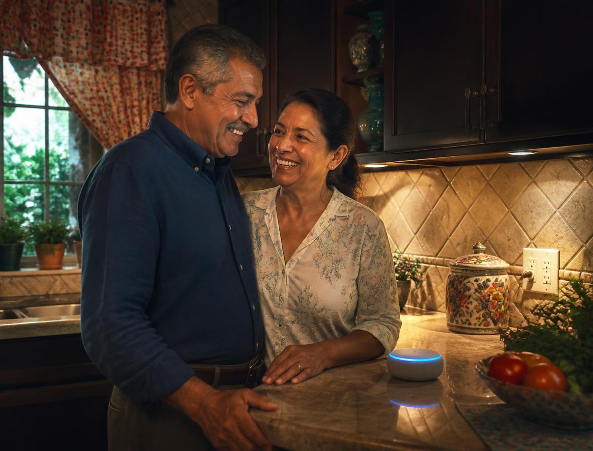 Pareja en la cocina de su casa usando un asistente de voz